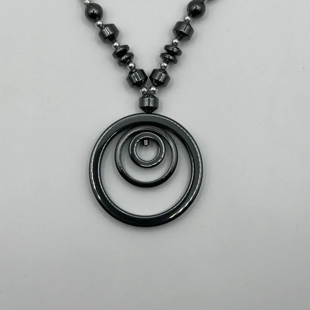 Beaded Tri Circle Pendant Necklace in Metallic Black Gray 17.5
